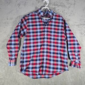 Roundtree & Yorke Red Blue Plaid Button Down Cotton Casual Shirt‎ Medium